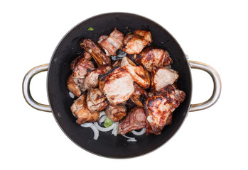 Fresh barbecue with onions in the pot, white background isolated