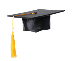 Graduation hat with gold tassel isolated on white