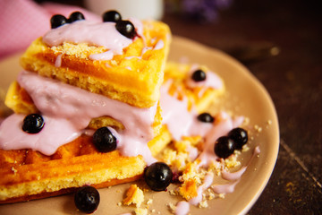 Fresh homemade Viennese waffles, drenched with yogurt and berries
