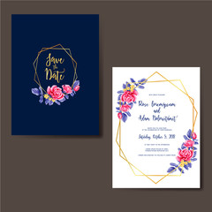 wedding invitation rose pink blue watercolor gold frame