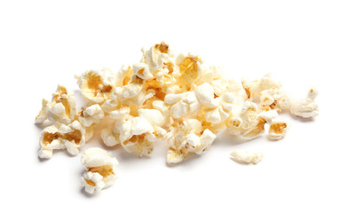Pile of delicious fresh popcorn on white background