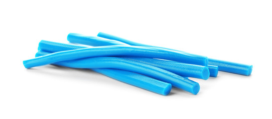 Delicious colorful chewing candies on white background