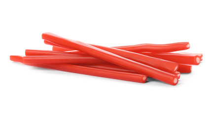 Delicious colorful chewing candies on white background