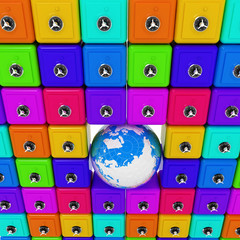 Earth and many safes. Global bancing online concept of money saving. 3d render