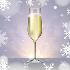 Realistic vector illustration of champagne glass on blurred holiday silver sparkle background