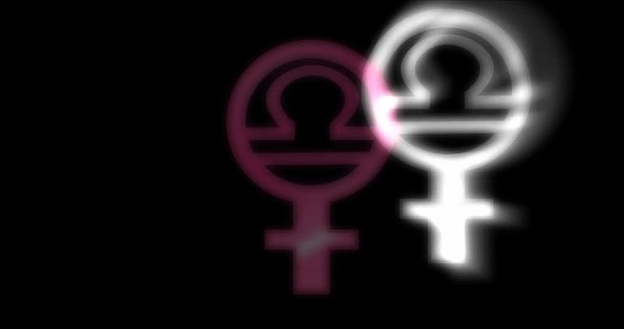 Animation of colored female symbol together with the astrological sign of libra with the effect of glow and beating.