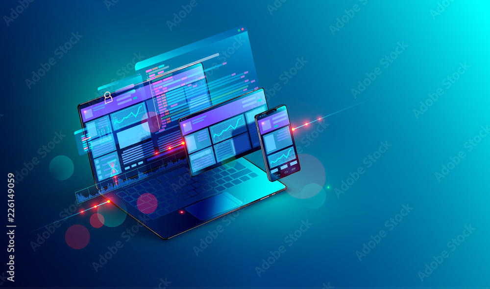 Fototapete Web development and coding. Cross platform development website. Adaptive layout internet page or web interface on screen laptop, tablet and phone. Isometric concept illustration.