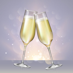 Realistic vector illustration of champagne glasses on blurred holiday silver sparkle background