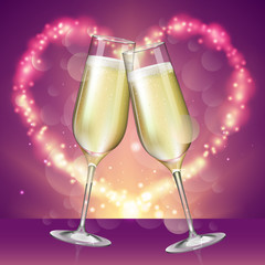 Realistic vector illustration of champagne glass on blurred holiday pink sparkle background