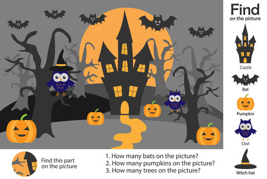 Activity page, halloween picture in cartoon style, find images, answer the questions, visual education game for the development of children, kids preschool activity, worksheet, vector illustration