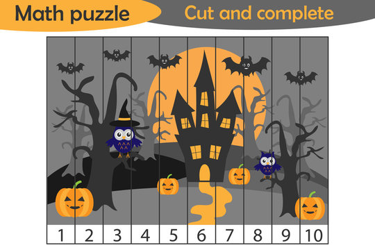 Math puzzle, halloween picture in cartoon style, education game for development of preschool children, use scissors, cut parts of the image and complete the picture, vector illustration