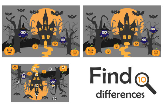 Find 10 differences, game for children, halloween in cartoon style, education game for kids, preschool worksheet activity, task for the development of logical thinking, vector illustration