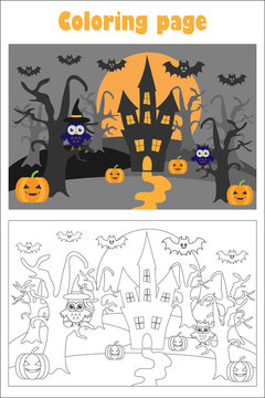 Halloween picture in cartoon style, coloring page, education paper game for the development of children, kids preschool activity, printable worksheet, vector illustration