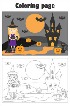 Halloween picture with witch in cartoon style, coloring page, education paper game for the development of children, kids preschool activity, printable worksheet, vector illustration