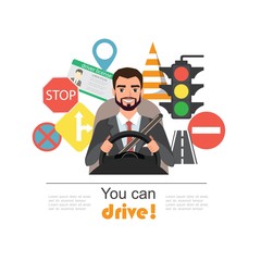 Businessman drive a car. Set of road symbols and driver character