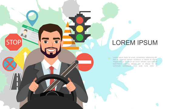 Banner illustration of businessman driving a car. Set of road symbols and driver character