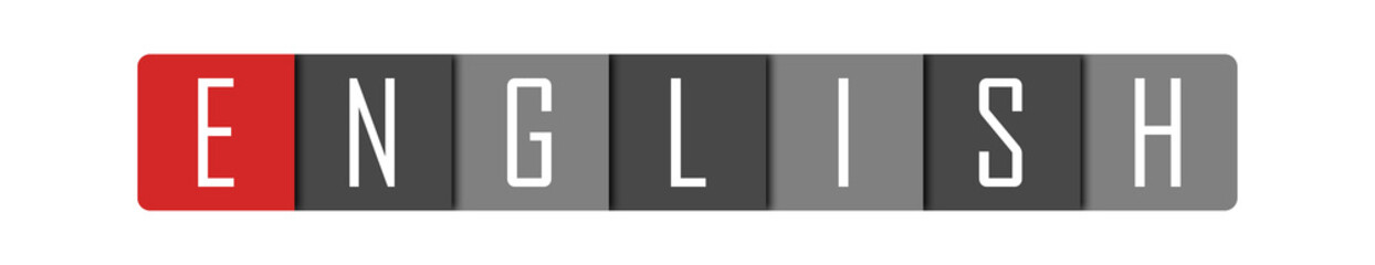 English - clear white text written in red and gray boxes on white background