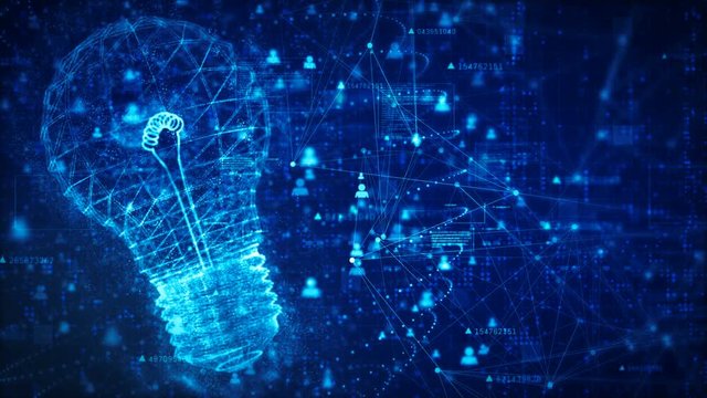 Technology network connection with lamp and icon digital blue background, Creative idea, and data analysis process concept, motion abstract background.