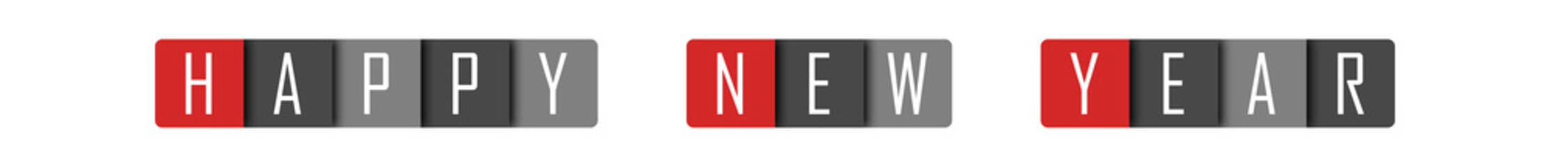 Happy New Year - clear white text written in red and gray boxes on white background