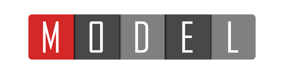 Model - clear white text written in red and gray boxes on white background