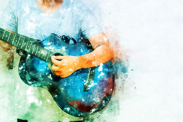 Abstract beautiful playing acoustic Guitar in the foreground on Watercolor painting background and Digital illustration brush to art..