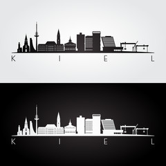 Kiel skyline and landmarks silhouette, black and white design, vector illustration.