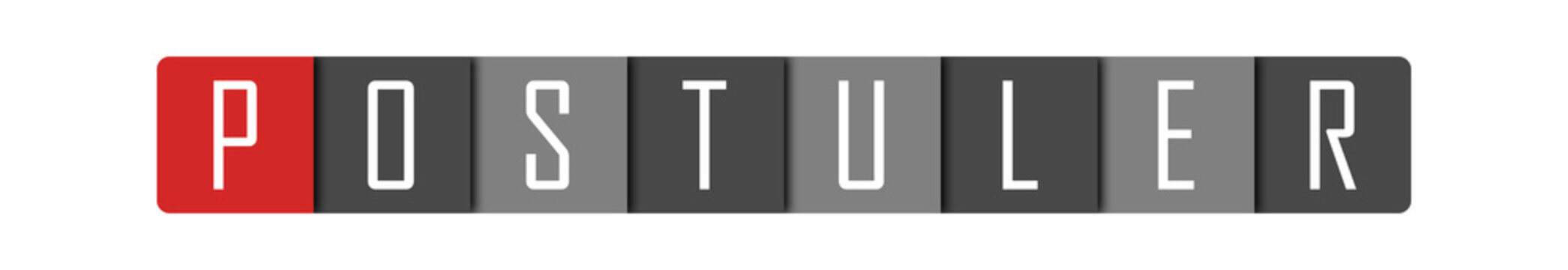Postuler - clear white text written in red and gray boxes on white background