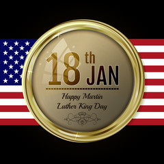 Martin Luther King day emblem. Vector label for MLK Day. Text on gold sticker with USA flag. Light brown glossy stone  in gold with reflection and shine.