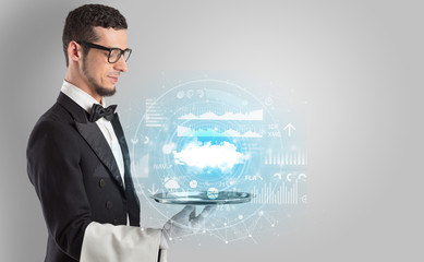 Elegant young waiter serving cloud technology concept
