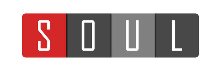 Soul - clear white text written in red and gray boxes on white background