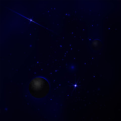 Dark blue space with many stars and light. Vector magic background with light