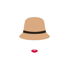 Woman with red lips  in retro hat. Vector emblem design template with girl silhouette. Concept for beauty salon, accessories, fashion, cosmetics.