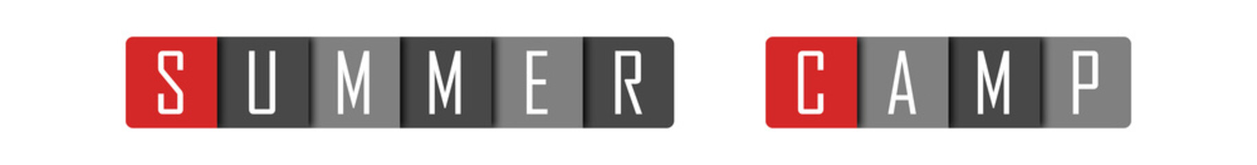 Summer Camp - clear white text written in red and gray boxes on white background