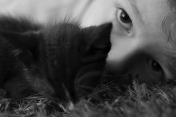 Visage d'enfant et petit chat