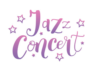Lettering of Jazz Concert in pink purple with stars on white background for decoration, poster, banner, advertising, placard, affiche, show bill, sticker, music festival, concert, invitation, ticket