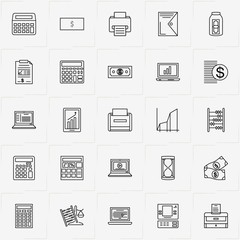 Accountant line icon set with graphics, laptop and file folder