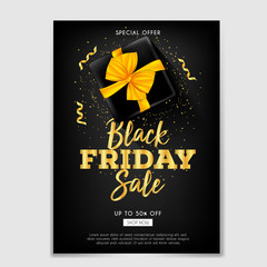 Black Friday sale brochure or flyer with gift and ribbon