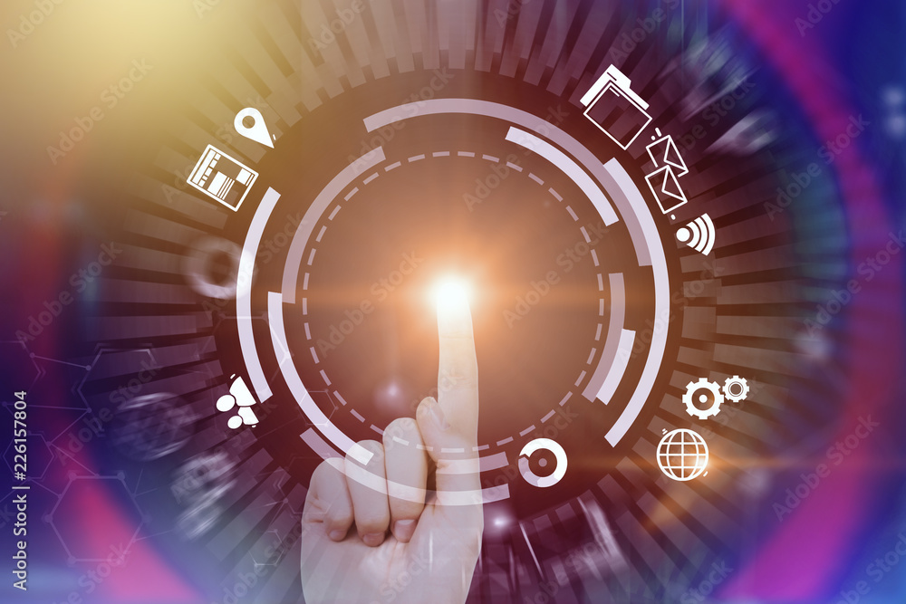 Poster man finger using gui interface internet icons