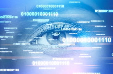 Woman eye, code lines double exposure