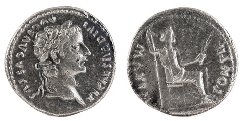 Ancient Roman silver denarius coin of Emperor Tiberius.