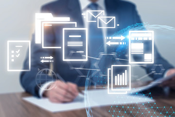 Businessman with papers, internet document icons