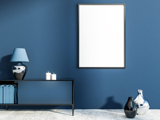Blue living room, set of drawers, poster