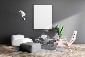 Gray living room with armchairs and poster