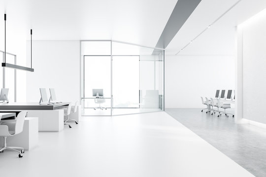 White office interior, meeting room and open space