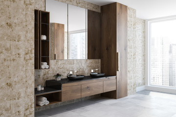 Wooden loft bathroom interior, black double sink