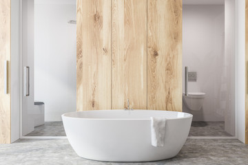 Naklejka na ściany i meble Light wooden bathroom interior, white tub