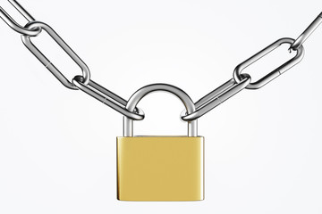 Yellow padlock with steel chains, security concept