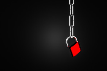 Fototapeta na wymiar Open red padlock on steel chains, mock up