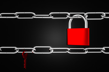 Red padlock and key, steel chains security concept