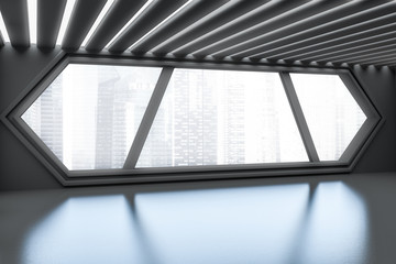 Futuristic gray office lobby with hexagonal window